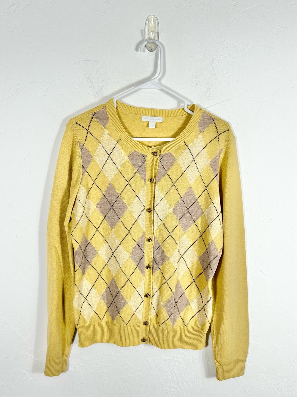 New York & Company Yellow Argyle Cardigan Sweater with Jewel Buttons Size L